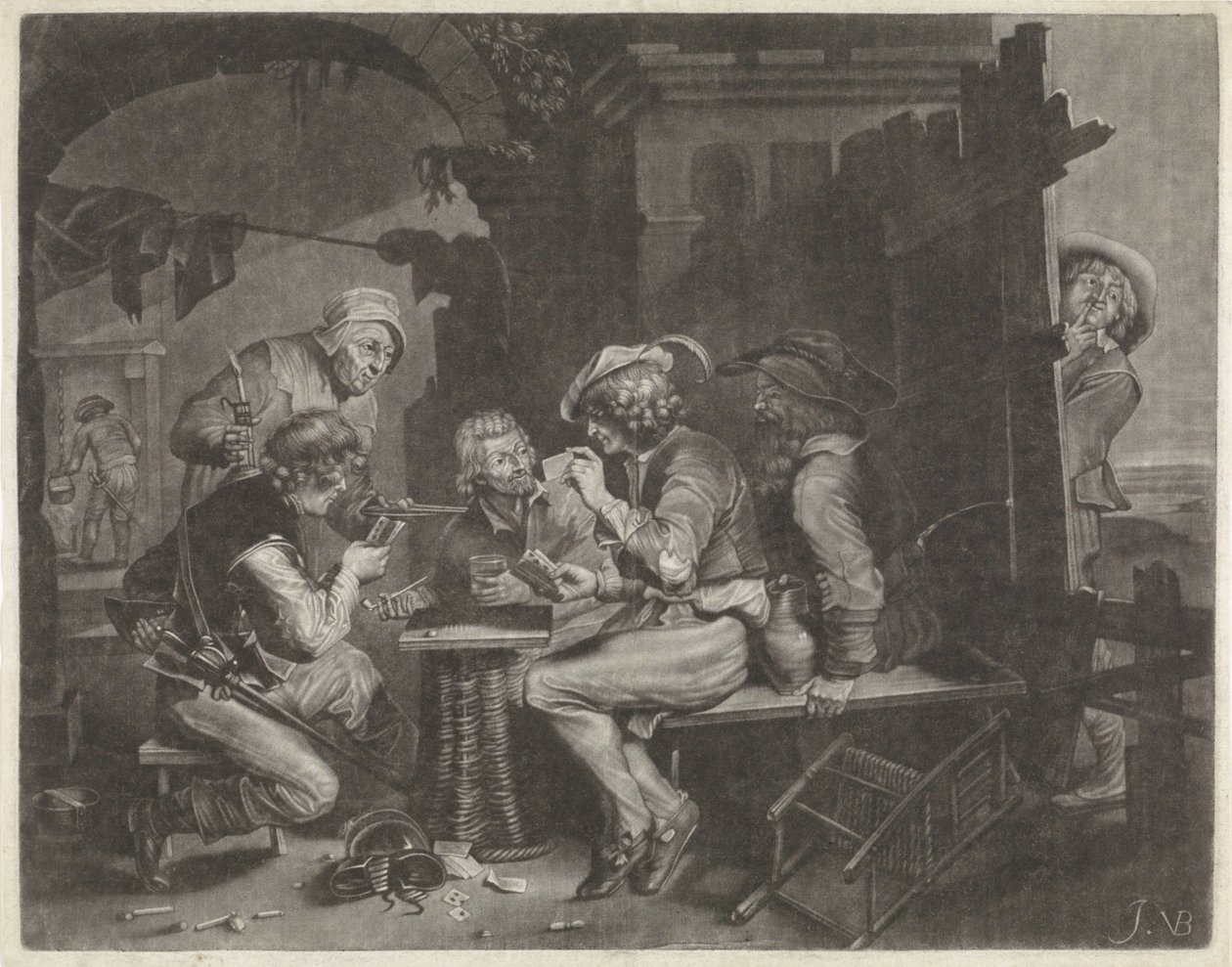 Kart oyuncuları ve işeyen bir adam by Jan van der Bruggen