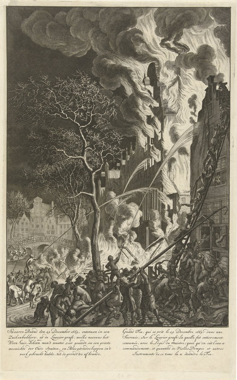 Marka op de Lauriergracht te Amsterdam, 1669 Swaaren markası den 29 aralık 1669. ontstaan in een zuikerbakkery, op de Laurier greft (…) / Grand feu, qui se prit le 29 desembre 1669. dans une sucrerie, sur le Laurier greft ( …) (nesne üzerindeki başlık) by Jan van der Heyden (attributed to)