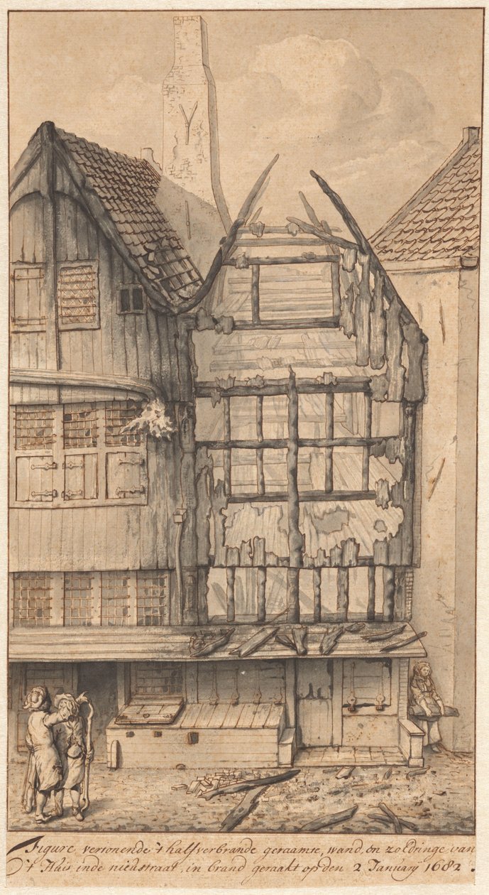 Oude Nieuwstraat'ta iki yanmış ev, 1682 by Jan van der Heyden