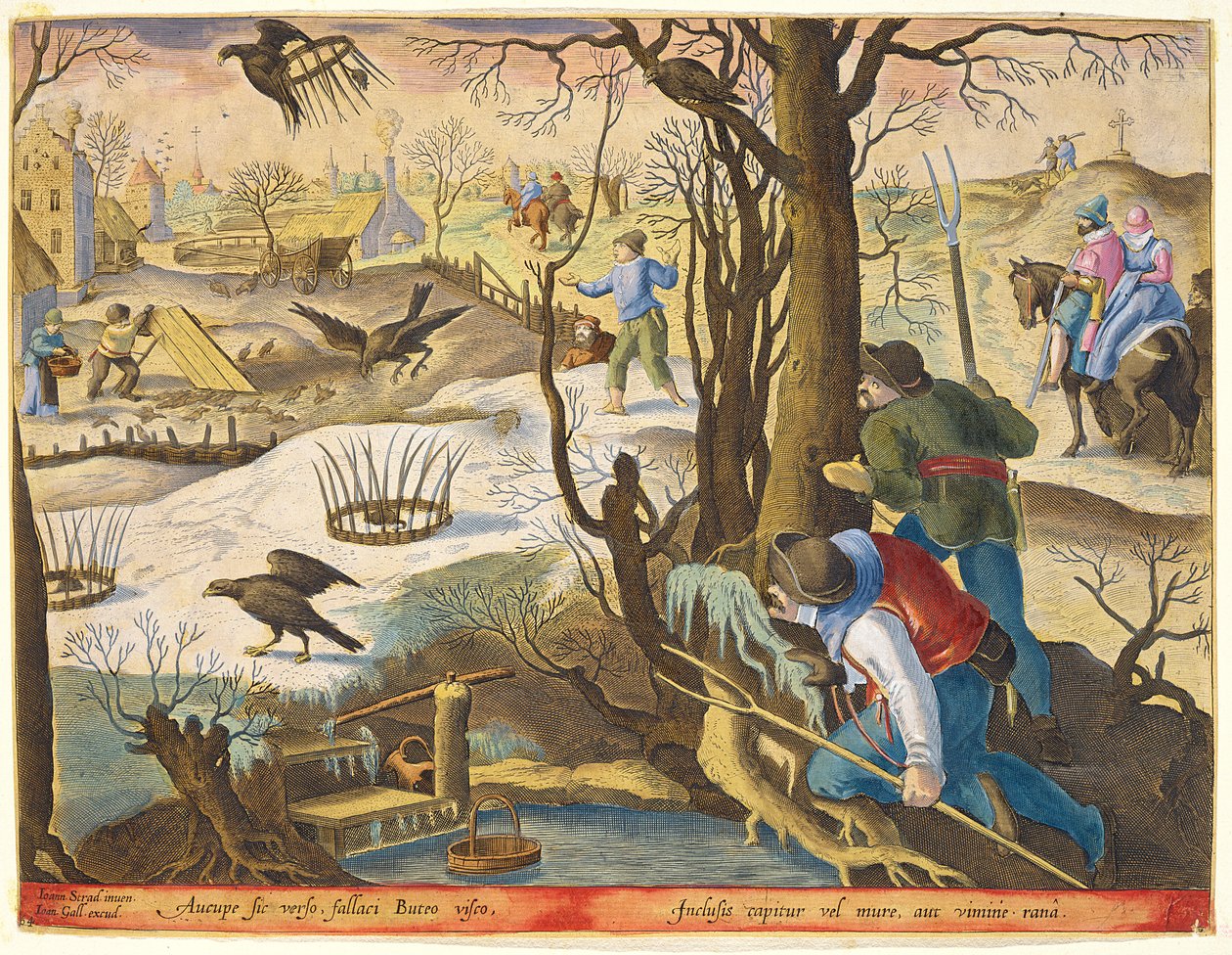 Şahinleri Yakalamak için Farelerle Yemli Tuzaklar Kullanan Kuş Yakalayıcılar, Jan Collaert (1566-1628) tarafından basılmış 