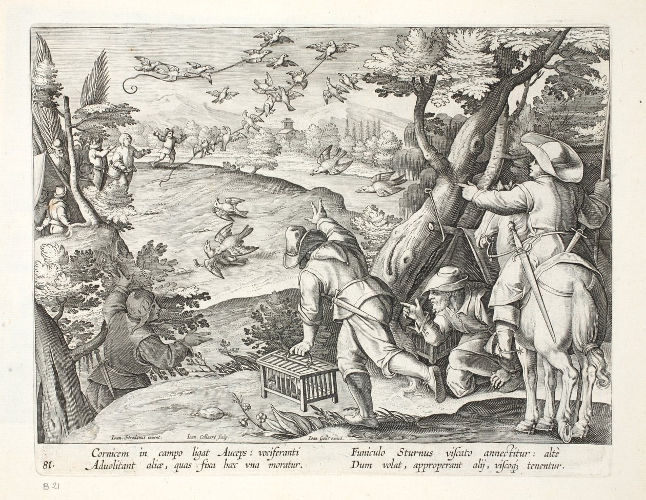 Kargaları yakalayan kuş avcıları, 'Venationes, Ferarum, Avium, Piscium'dan (Avlanma: Yabani Canavarlar, Kuşlar, Balık) çizim, Jan Collaert (1566-1628), pub. Philipus Gallaeus, Amsterdam (İng by Jan van der Straet