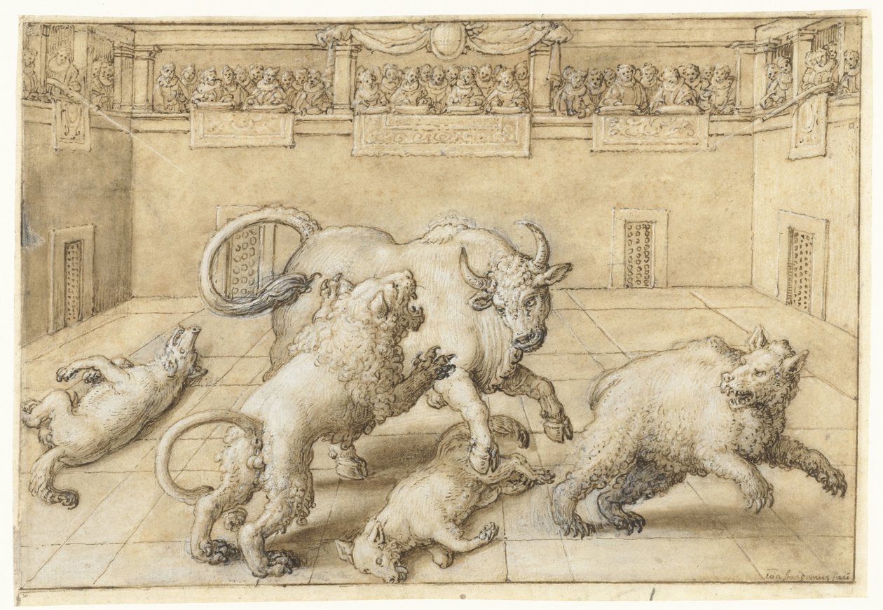 Bir boğa, aslan, ayı ve iki kurt arasında bir arenada savaşın by Jan van der Straet