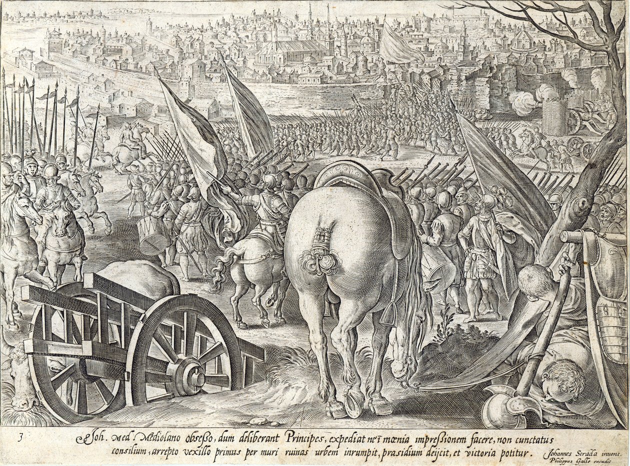 Giovanni de' Medici Milano'da, Philip Galle (1537-1612) tarafından oyulmuş 'Medici Tarihi'nden bir levha, c.1583 by Jan van der Straet