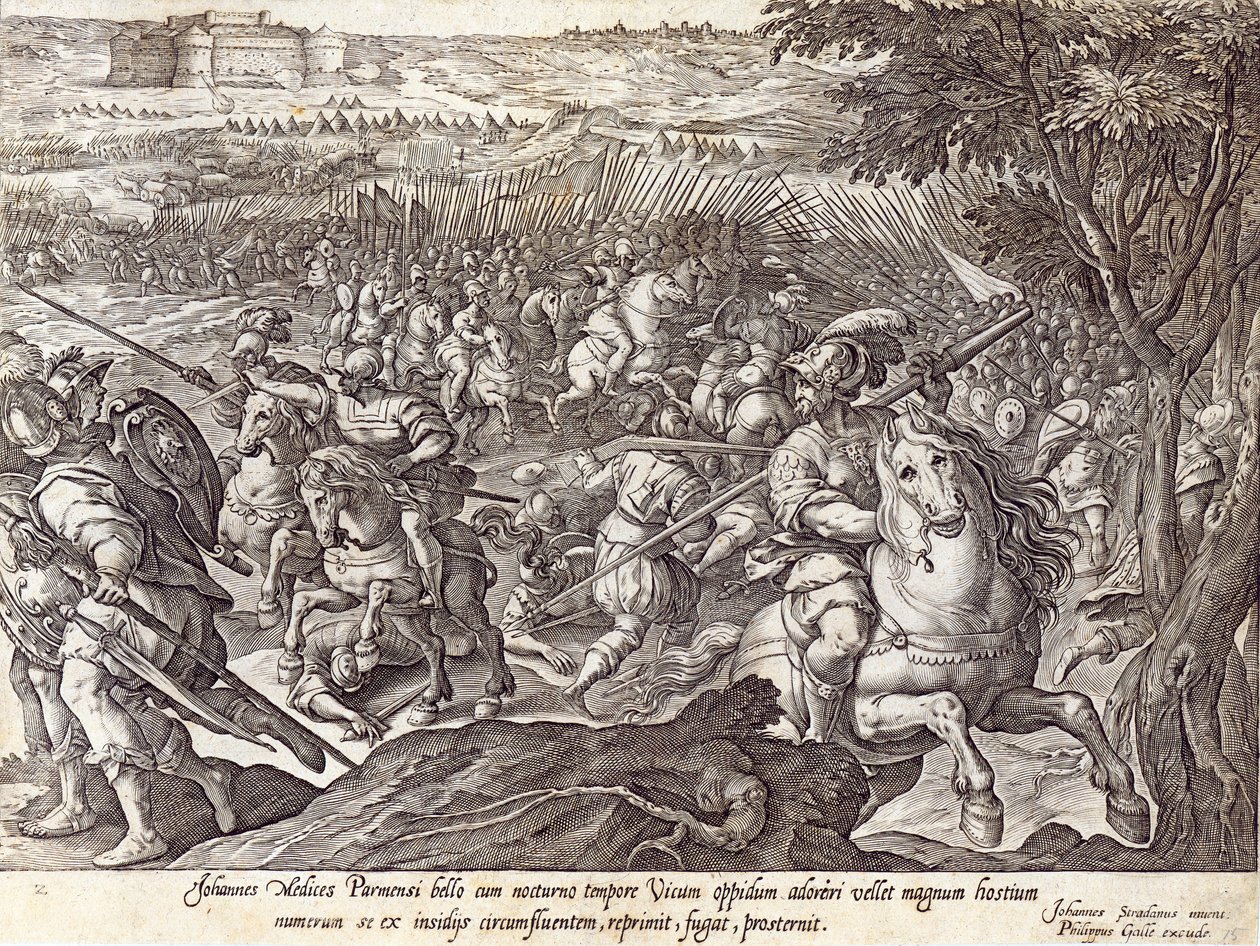 Giovanni de' Medici Parma'da mağlup oldu, Philip Galle (1537-1612) tarafından oyulmuş 'Medici Tarihi'nden bir levha, c.1583 by Jan van der Straet