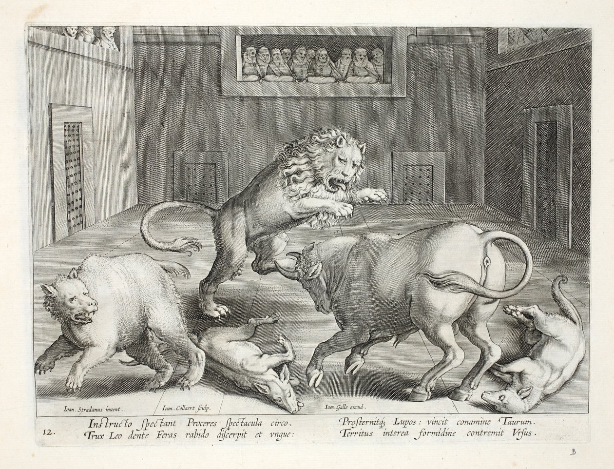 Soylular, kapalı bir sirkte vahşi hayvanların dövüşünü izliyorlar, Jan Collaert (1566-1628) tarafından oyulmuş 