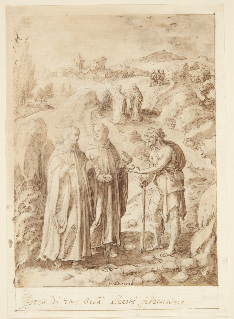 S. Giovanni Alberti Fiorentinos tarihi. Aziz ve beraberindeki keşiş bir dilenciye son somunlarını verir by Jan van der Straet