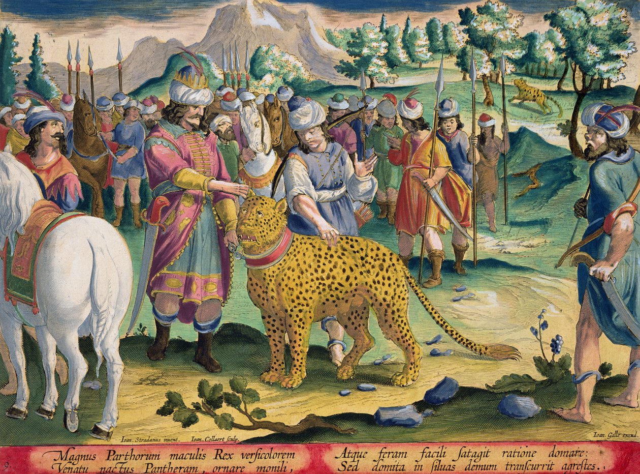 Partların Büyük Kralı Evcil Panterleriyle Avlanıyor, Jan Collaert (1566-1628) tarafından basılmış 