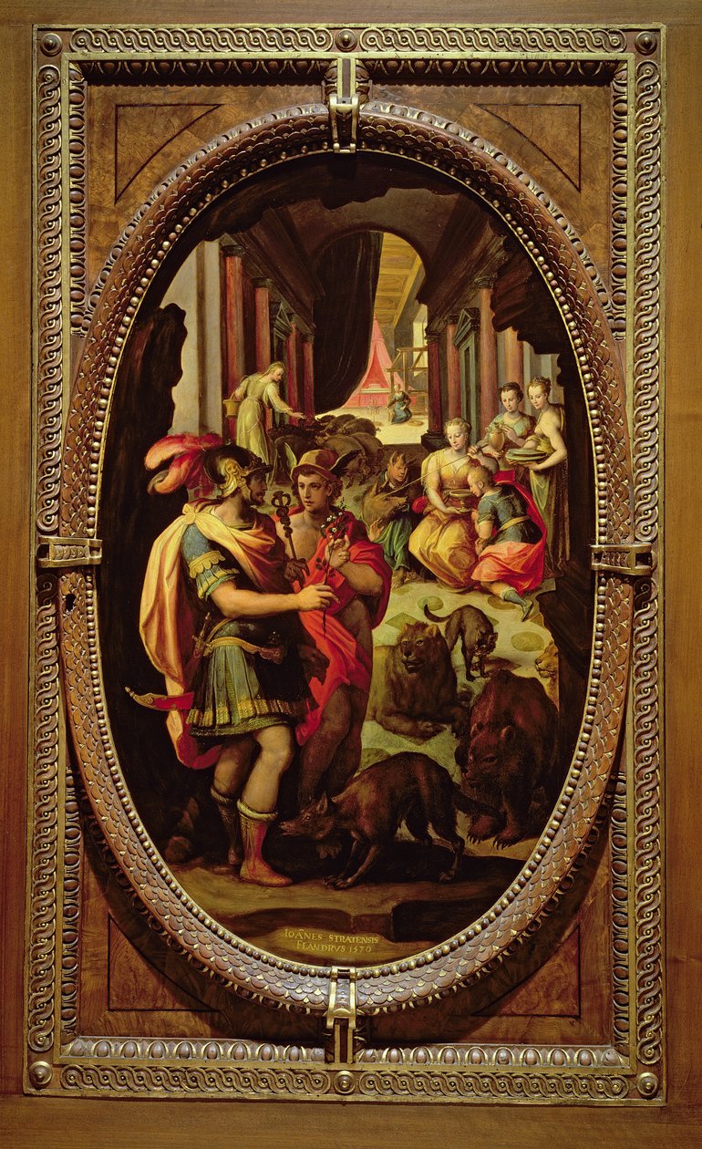 Ulysses, Mercury ve Circe, 1570 (arduvaz üzerine yağlı boya) by Jan van der Straet