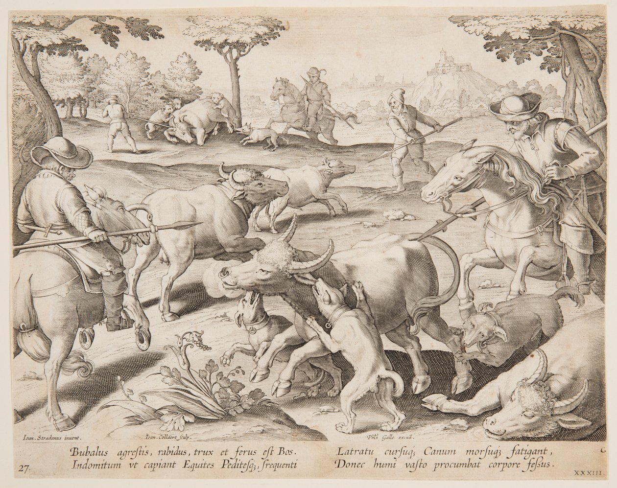 Bufalo Avı, Vahşi, Kuşlar, Balık serisinde 27 numaralı plaka by Jan van der Straet, called Stradanus
