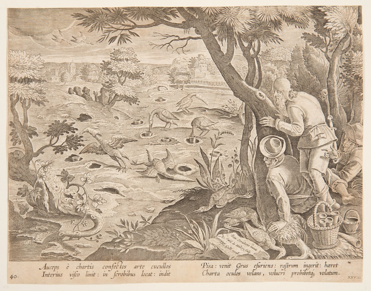 Koniler kullanarak Turna Avı, Wildcats, Birds, Fish serisinde 28 numaralı plaka by Jan van der Straet, called Stradanus