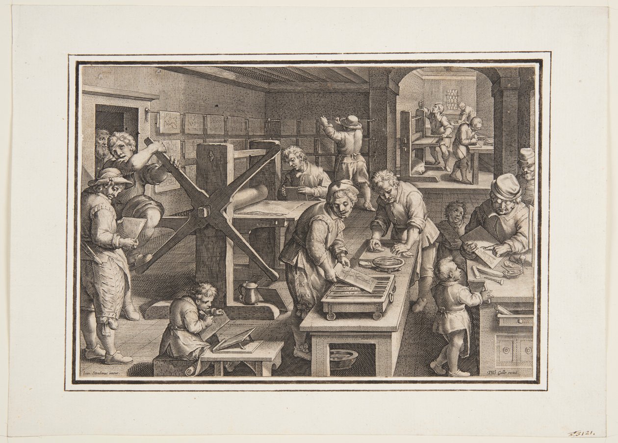 Metal üzerine gravür; Bir gemideki oymacılar by Jan van der Straet, called Stradanus