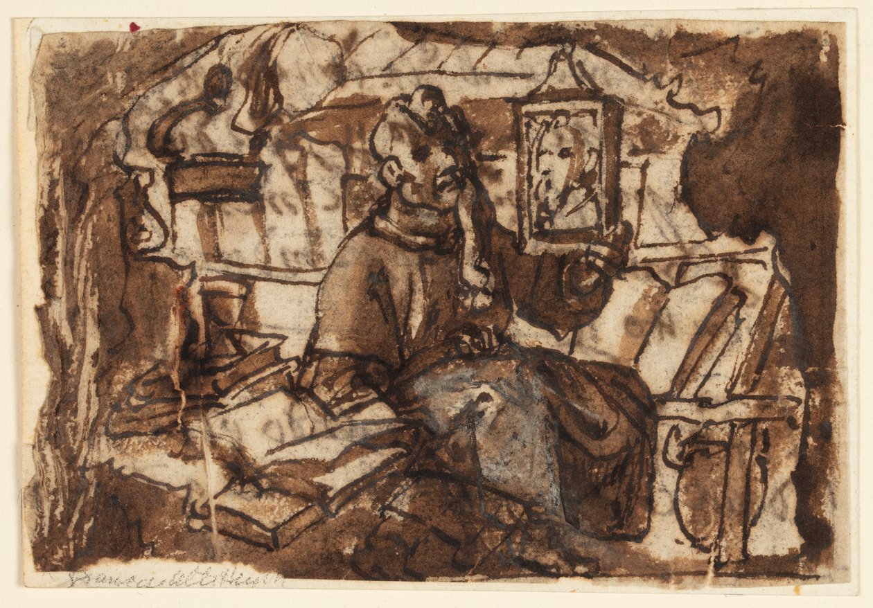 Bir eskiz defteri sayfası; Çalışma odasında bir keşiş by Jan van der Straet, called Stradanus