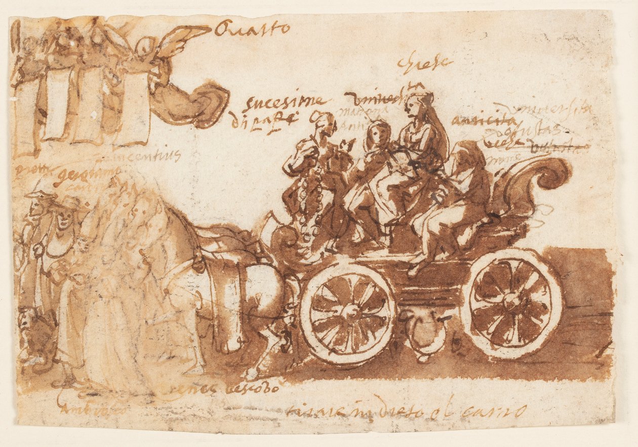 Bir eskiz defteri sayfası; Araba ve üç at by Jan van der Straet, called Stradanus