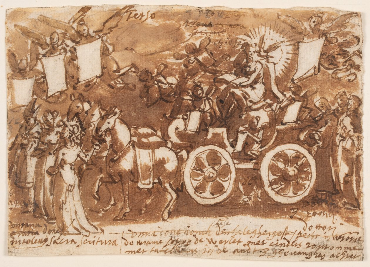 Bir eskiz defteri sayfası; Araba ve üç at by Jan van der Straet, called Stradanus