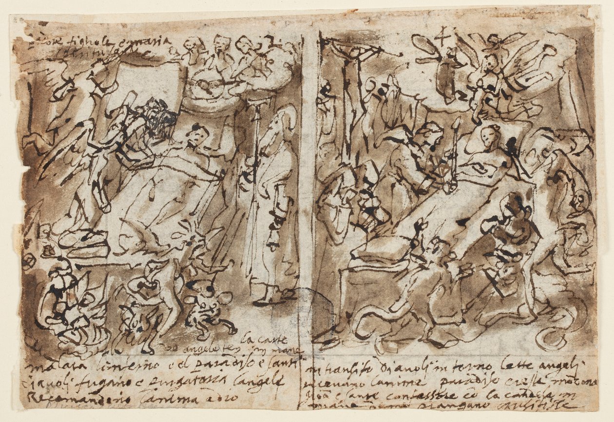 Bir eskiz defteri sayfası; Dindarlara yardım eden göksel güçler; Aziz portresi için eskiz; Alınlığın dekorasyonu by Jan van der Straet, called Stradanus
