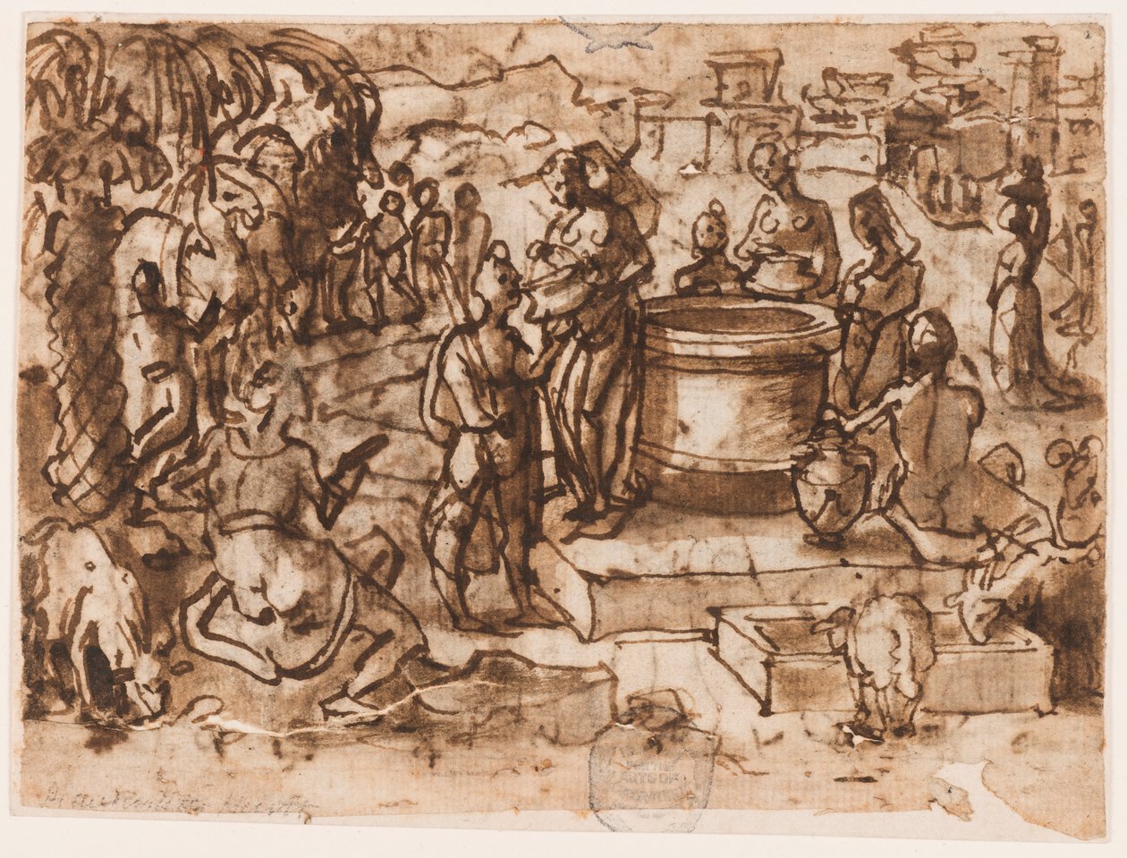 Bir eskiz defteri sayfası; Musa ve Yetro'nun kızları by Jan van der Straet, called Stradanus