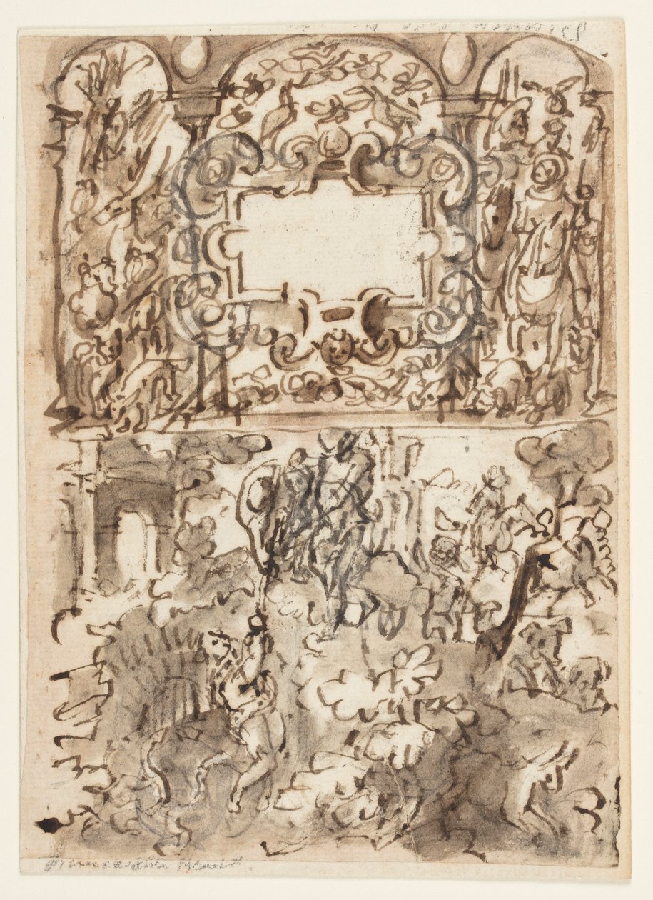Bir eskiz defteri sayfası; Avcılık üzerine gravür serileri için başlık sayfası; Bir avcının kazası by Jan van der Straet, called Stradanus