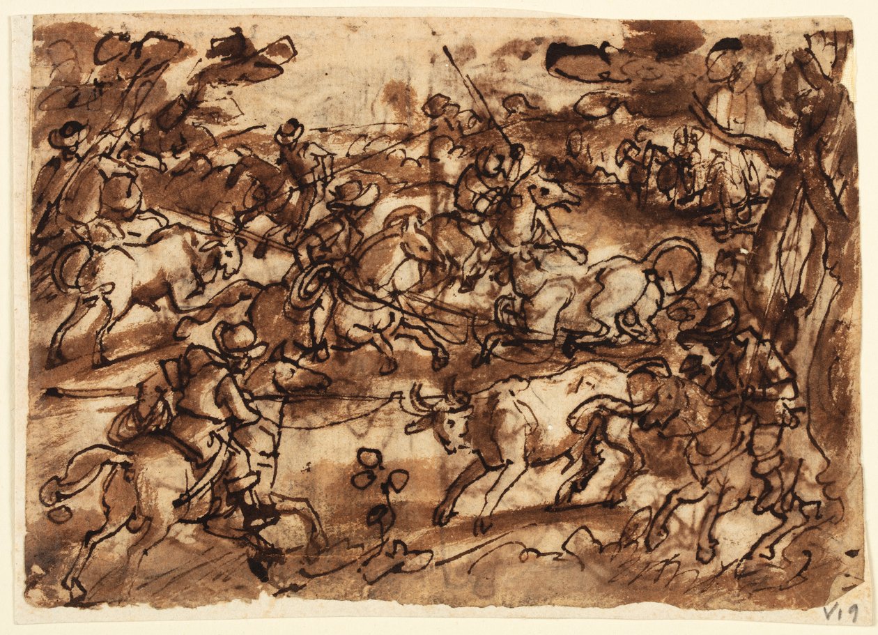 Recto: Lassos ile boğa avı; Verso, yukarıda: Men in Armor tarafından ayı avı; Verso, aşağıda: Maymunları Aldatma Yoluyla Avlamak; Venationes serisi için tüm ön tasarımlar by Jan van der Straet, called Stradanus