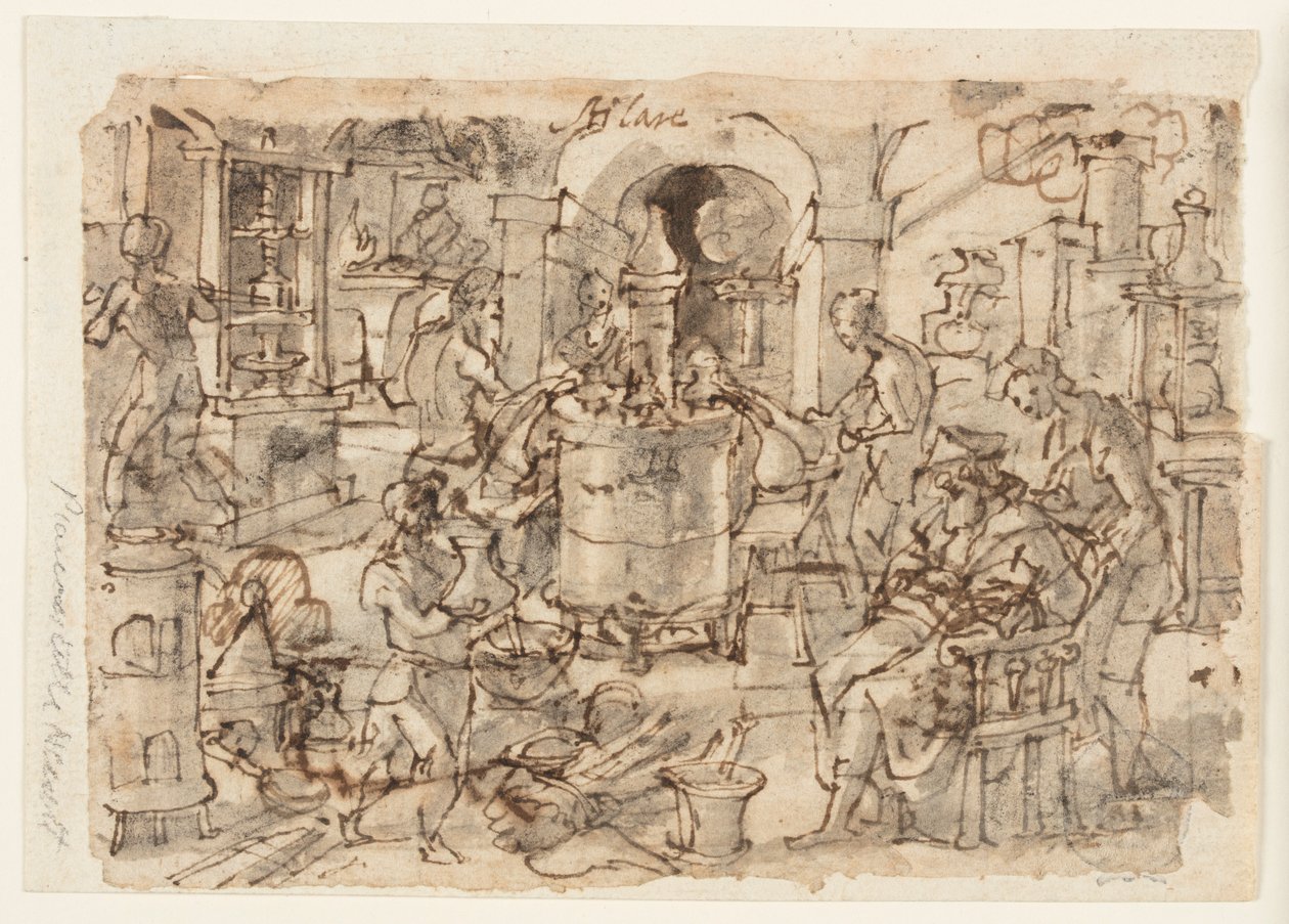 Recto: Distilasyonun Buluşu, "Distillatio" için ön tasarım, Nova Reperta (Modern Zamanların Yeni Buluşları) baskı serisinde 7. plaka by Jan van der Straet, called Stradanus