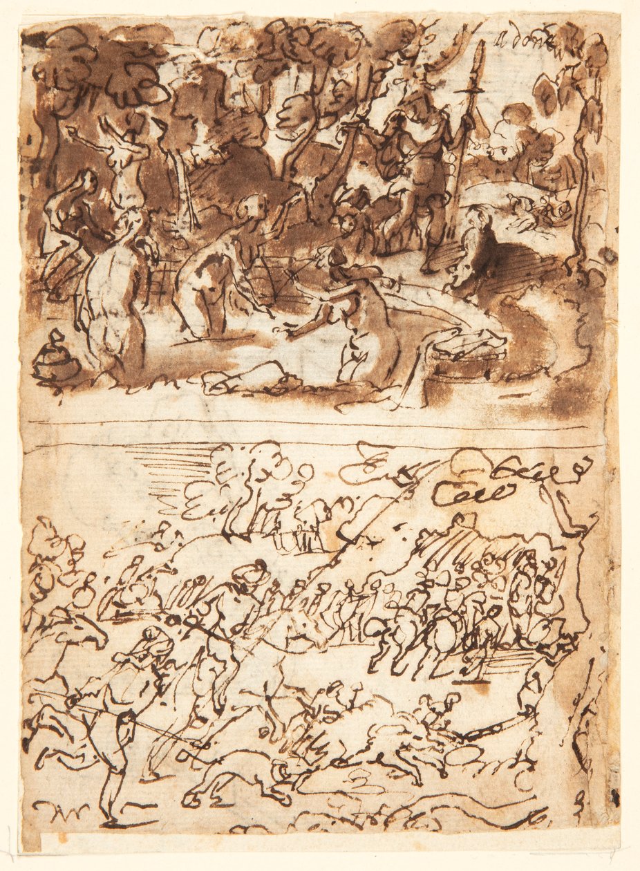 Recto, yukarıda: Diana ve Actaeon; Recto, aşağıda: Domuz avı; Verso, yukarıda: iki erkek kafanın çalışmaları; Verso, aşağıda: Anna ve Joachim