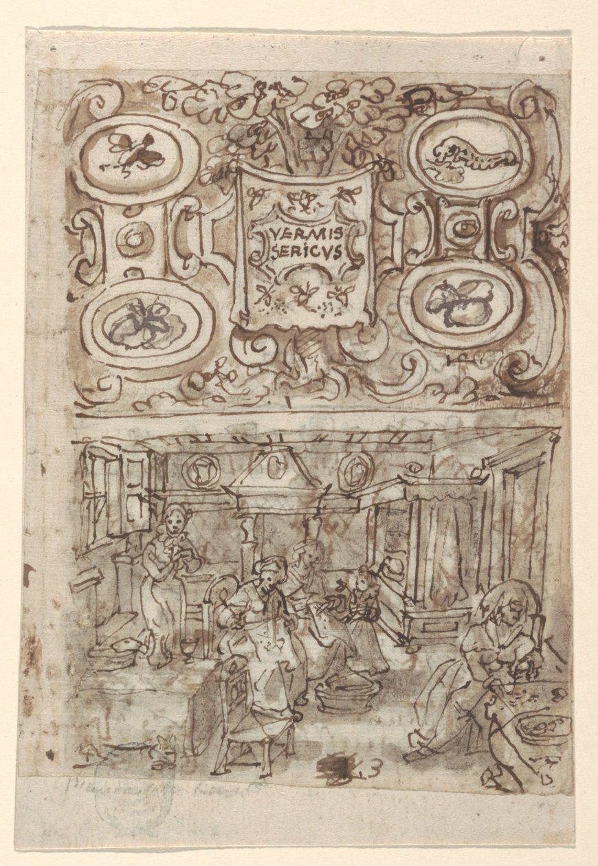 Recto, yukarıda: Vermis Sericus ("İpekböceğinin Tanıtımı") baskı serisinin Başlık Sayfası için Ön Tasarım; Recto, aşağıda: pl için Ön Tasarım. 3 (İpekböceği Yumurtalarının Kuluçkalanması); Verso, yukarıda: Başlık Sayfası için Eksik Ön Tasarım by Jan van der Straet, called Stradanus