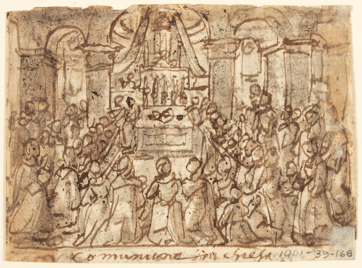 Kilisede ve Evde Cemaat ile Eskiz Defteri Sayfası by Jan van der Straet, called Stradanus