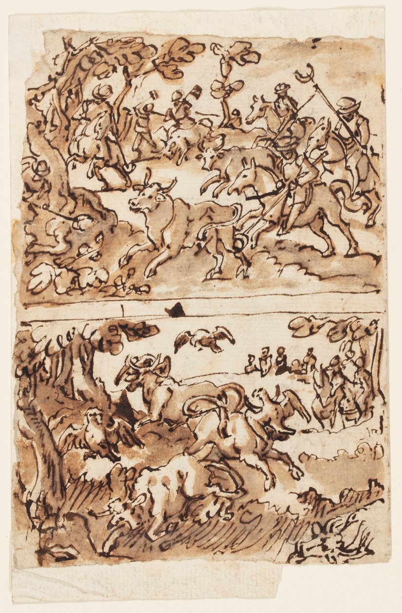 Boğa Avları ile Eskiz Defteri Sayfası by Jan van der Straet, called Stradanus