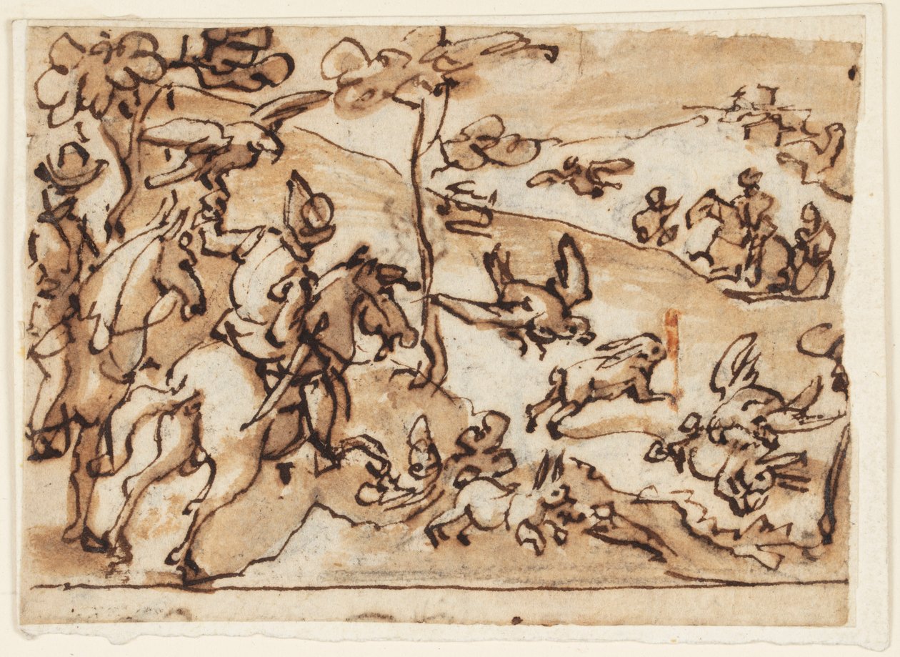 Tavşan Avı ve Şahinlerin olduğu Eskiz Defteri Sayfası by Jan van der Straet, called Stradanus