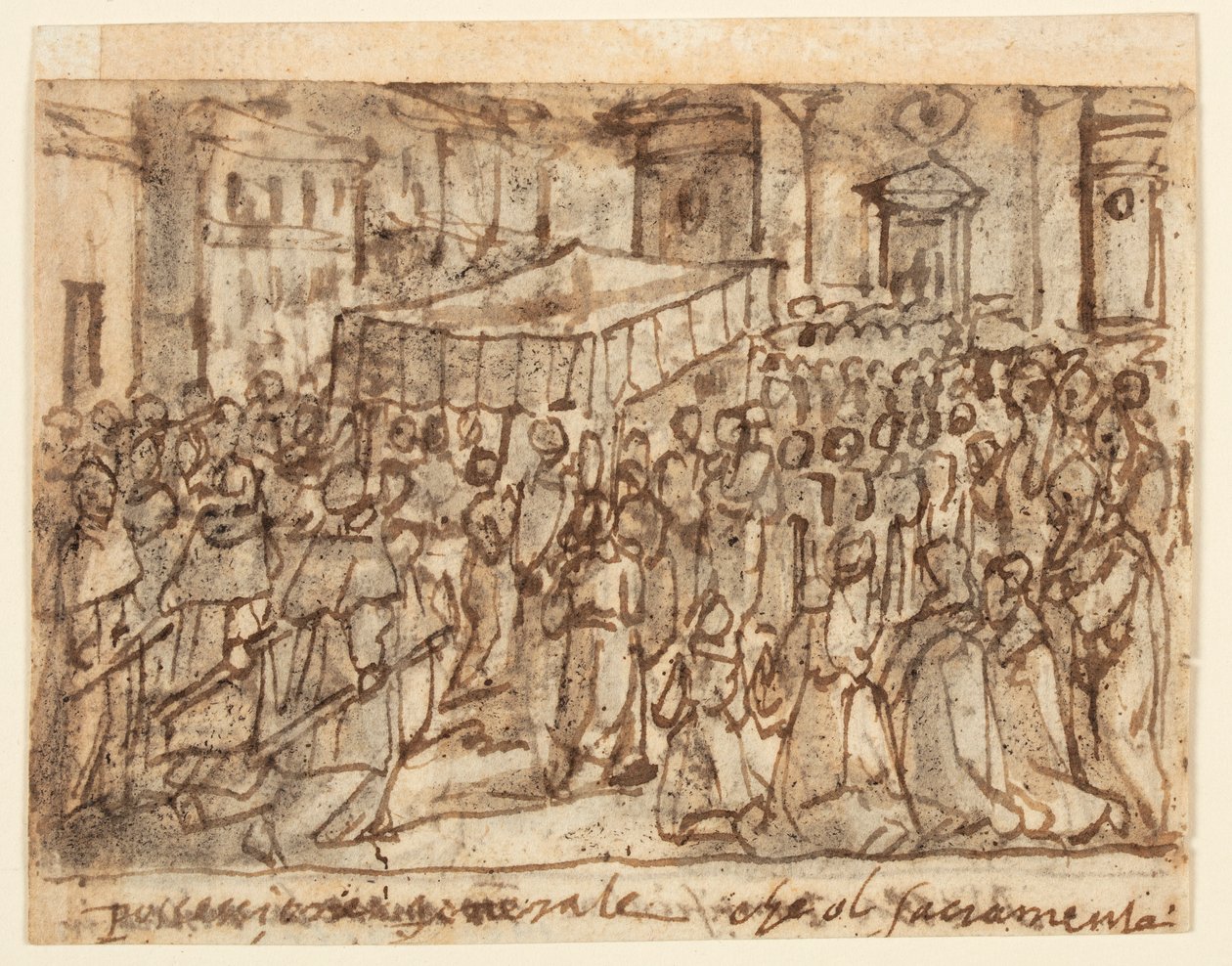 Ev Sahibi ve Papalık Kütlesi ile Alayı içeren Eskiz Defteri Sayfası by Jan van der Straet, called Stradanus
