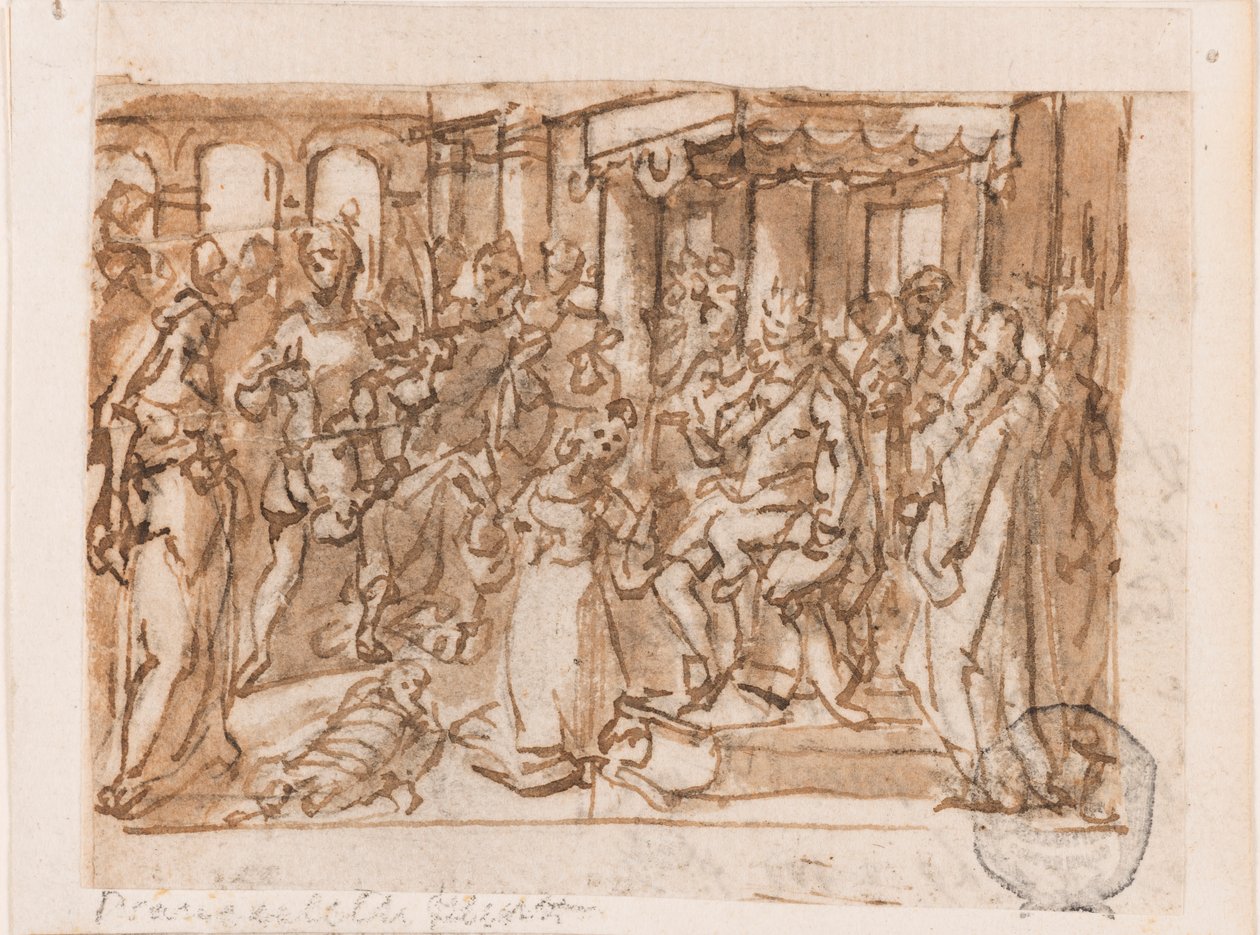 Süleyman'ın Yargısı, "Spiritus Sapientiae" (Bilgelik Ruhu) için ön tasarım, "Kutsal Ruh'un Yedi Hediyesi" baskı serisinde 1. plaka by Jan van der Straet, called Stradanus