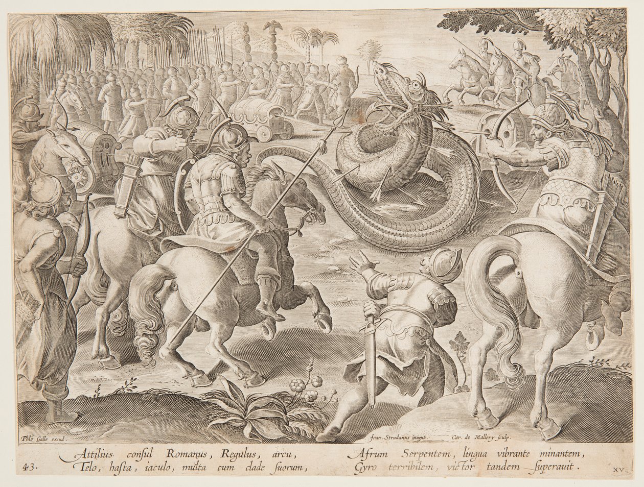 Roma Konsolosu Attilius Regulus, Dev Bir Afrika Yılanı ile Savaşıyor, Vahşi Hayvan serisinin 25. levhası by Jan van der Straet, called Stradanus