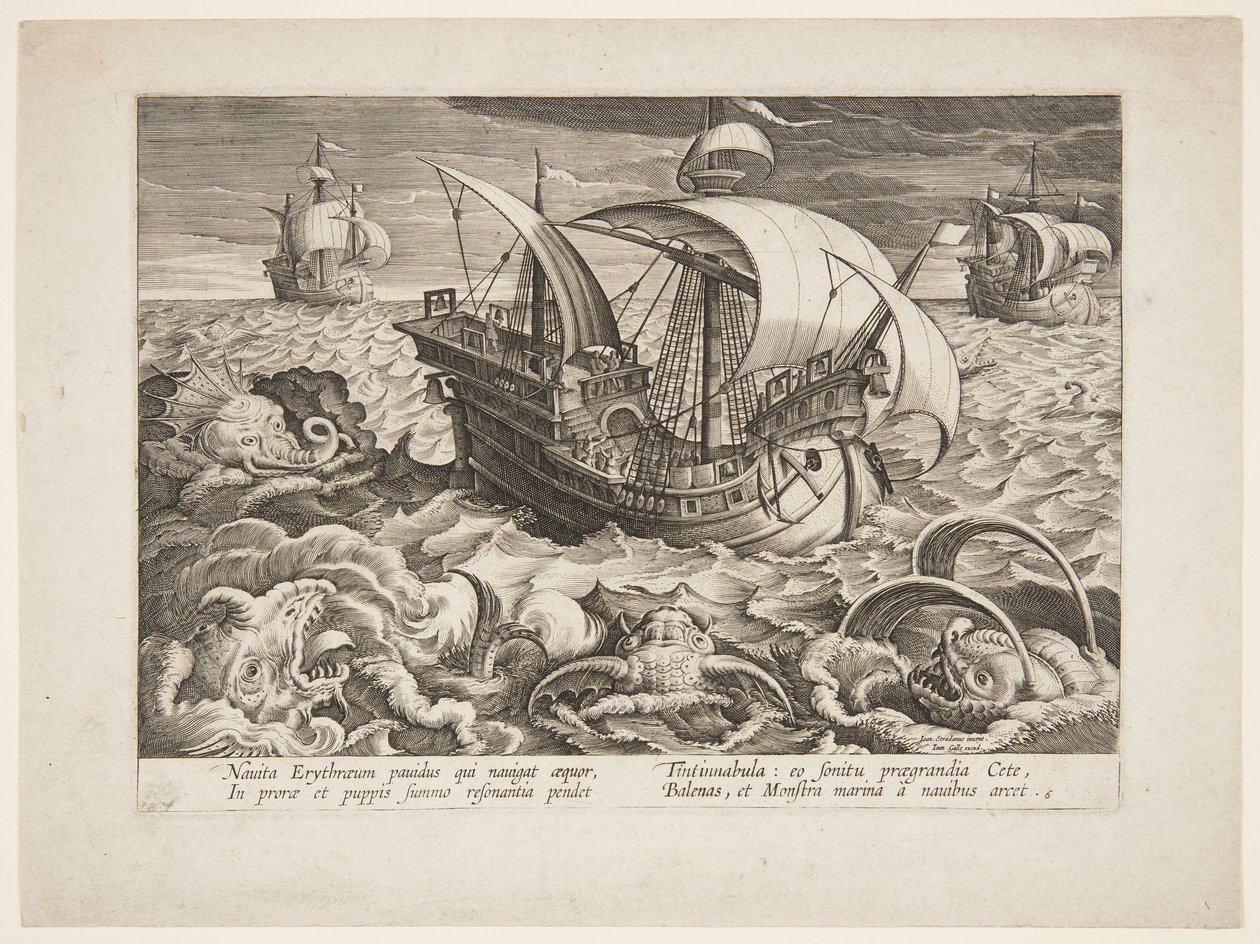 Canavarlarla çevrili üç gemi by Jan van der Straet, called Stradanus