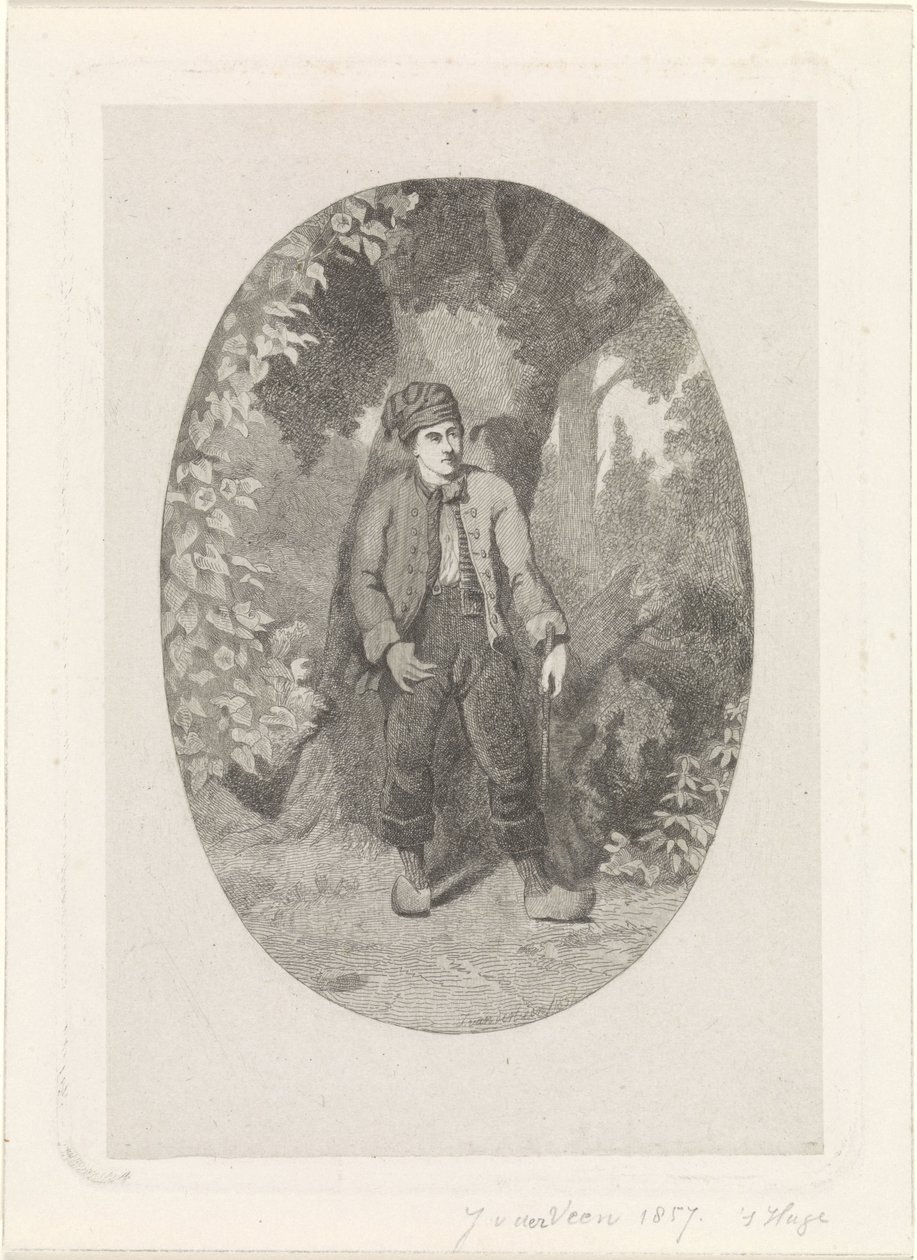 Adam bir ormanda bir ağacın yanında by Jan van der Veen (prentmaker)