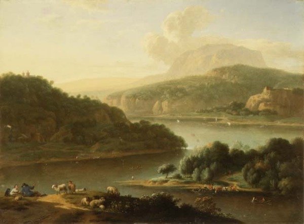 Ön planda çoban ve köylü kadın olan bir nehir manzarası by Jan van der the Younger Meer
