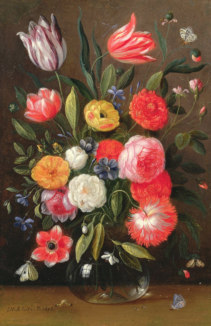 Cam Vazoda Kelebekler ve Çıkıntıda Tırtıl ile Laleler, Güller, Anemonlar ve Diğer Çiçekler by Jan van the Elder Kessel