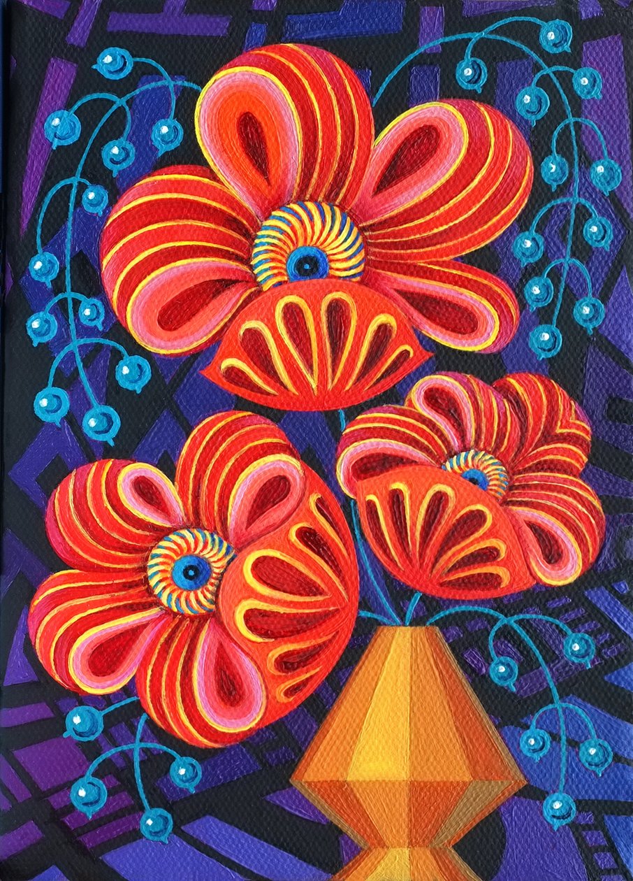 Böğürtlenli kırmızı çiçekler, 2016, by Jane Tattersfield