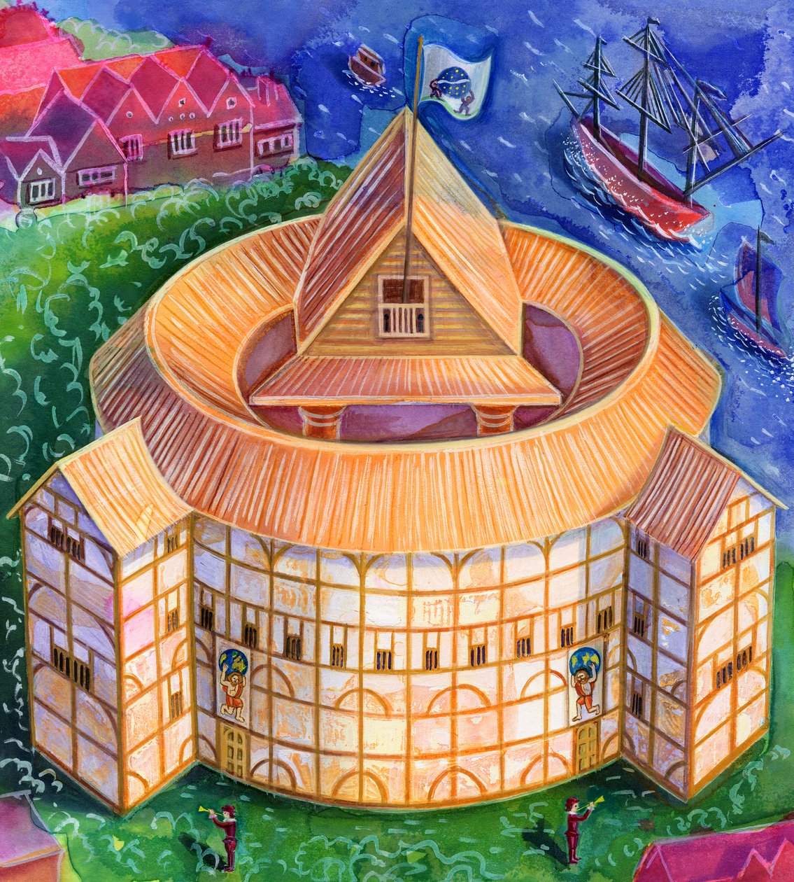 Shakespeares Globe Theatre, 2006, (mürekkep ve guaj) by Jane Tattersfield