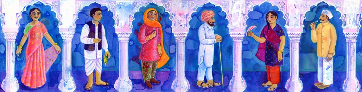 Geleneksel Hint kıyafetleri, 1998, (mürekkep ve guaj) by Jane Tattersfield