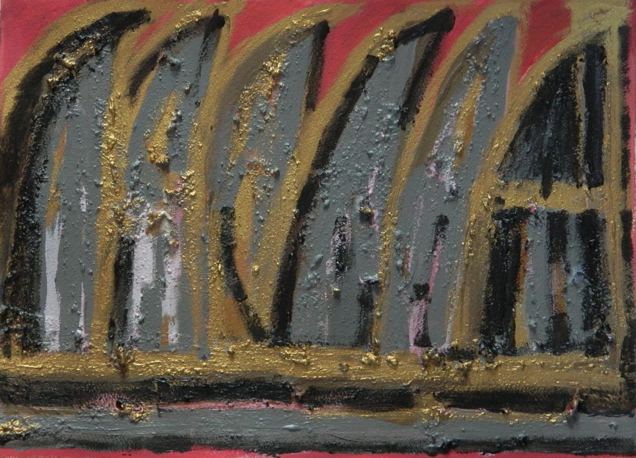 Burning House, 2013 (kağıt üzerine guaj, odun külü ve altın varak) by Janet McKenzie
