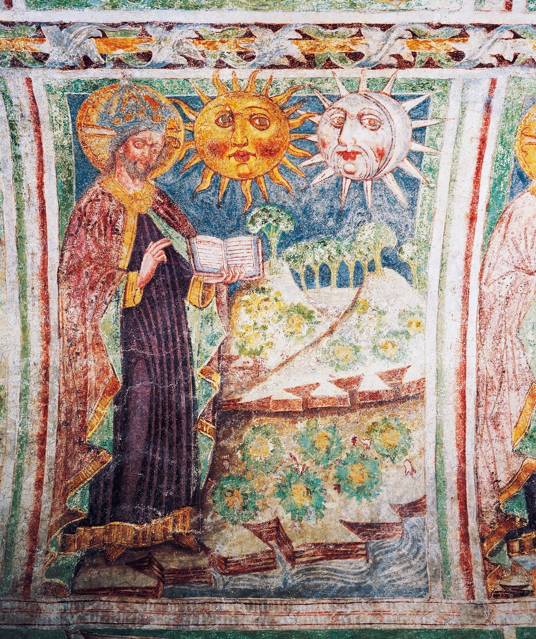 Hrastovlje müstahkem kilise, Trinity Kilisesi, Genesis, Tanrı güneşi, ayı ve yıldızları yaratır (1490), Janez Iz Kastva