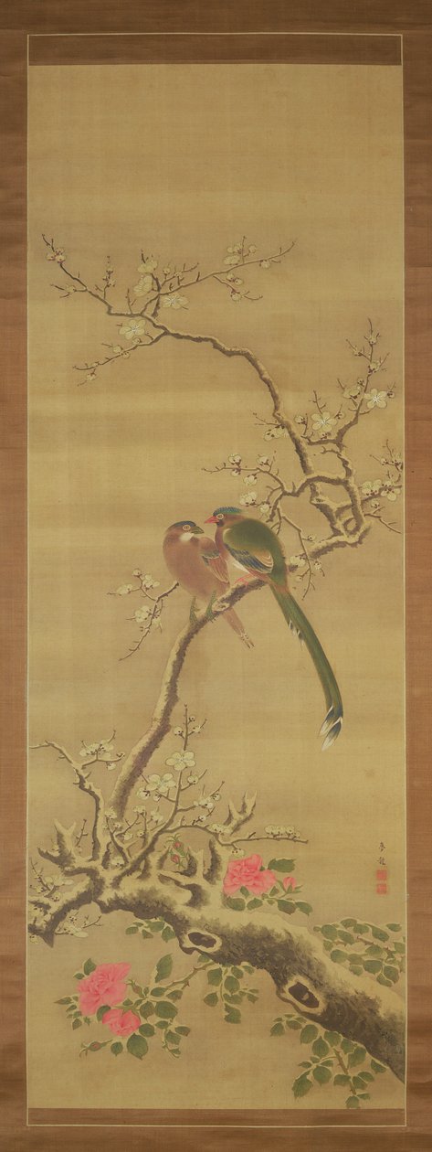 Karlı bir daldaki kuşlar (ipek üzerine mürekkep ve renkler) by Japanese School