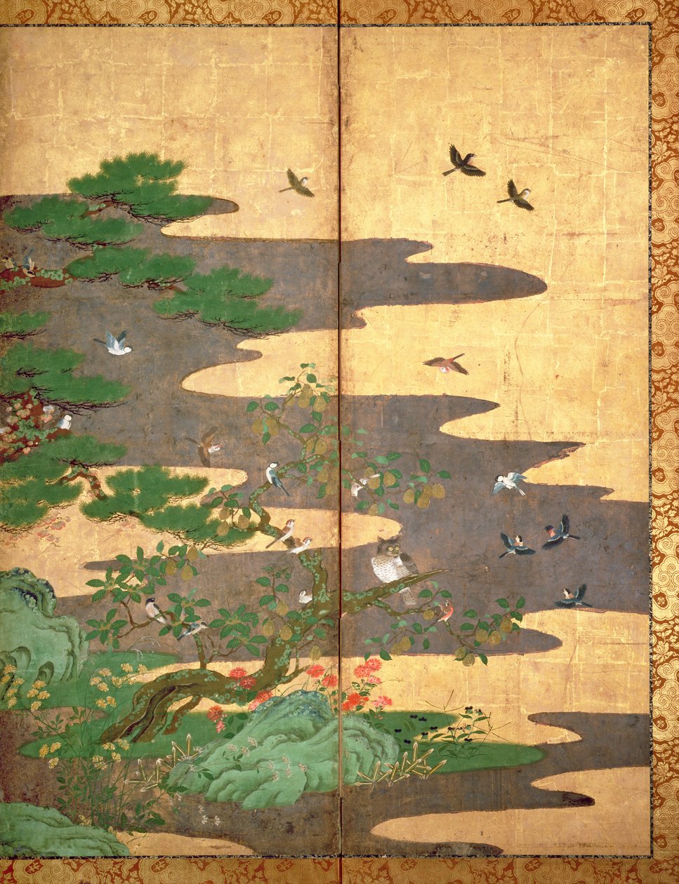 Sonbahar ve Kış çiçekli kuşlar (panelde kalem ve mürekkep, renkli ve altın kağıt) (bkz. 216542, 216543, 216544) by Japanese School
