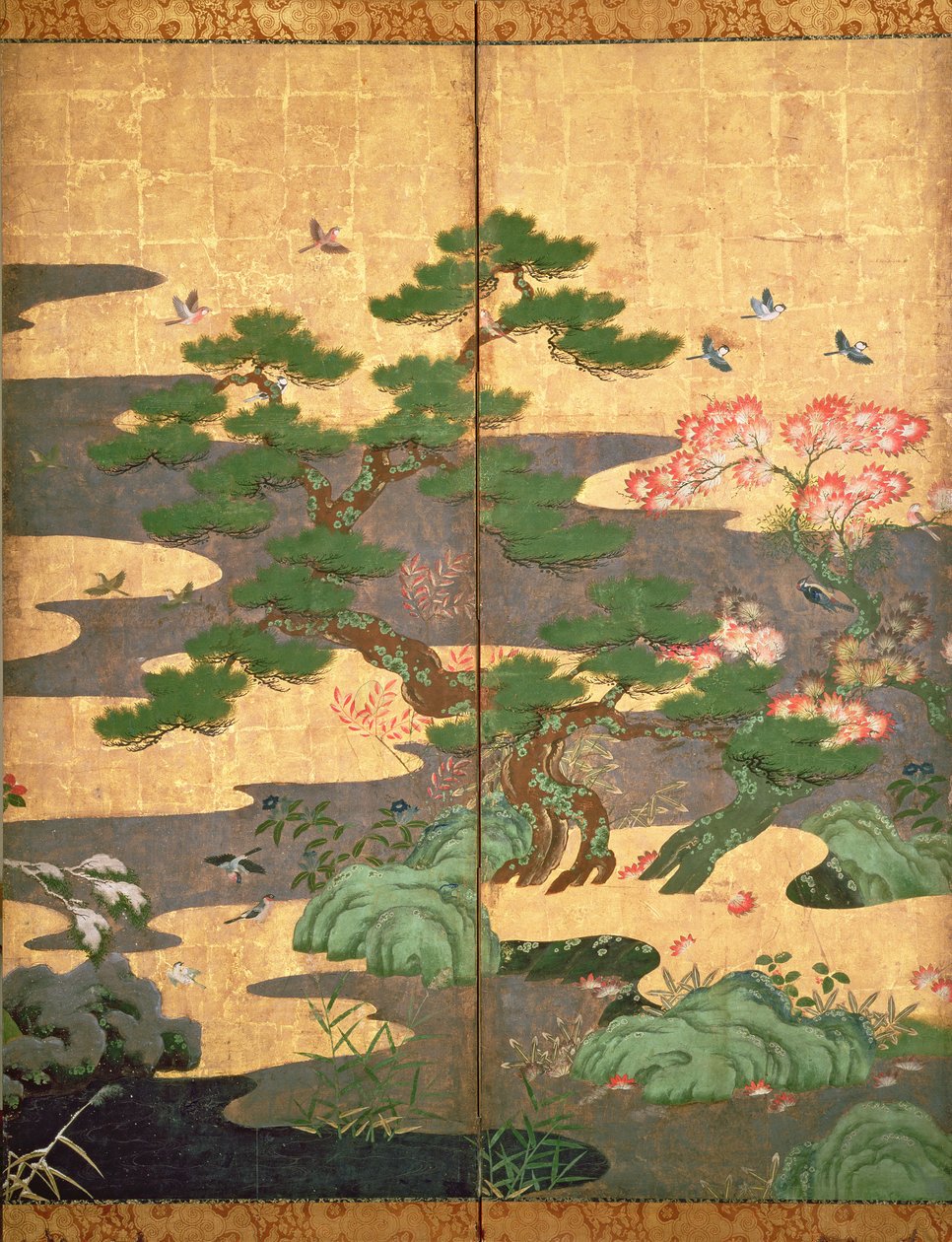 Sonbahar ve Kış çiçekli kuşlar (panelde kalem ve mürekkep, renkli ve altın kağıt) (bkz. 216542, 216544, 216545) by Japanese School