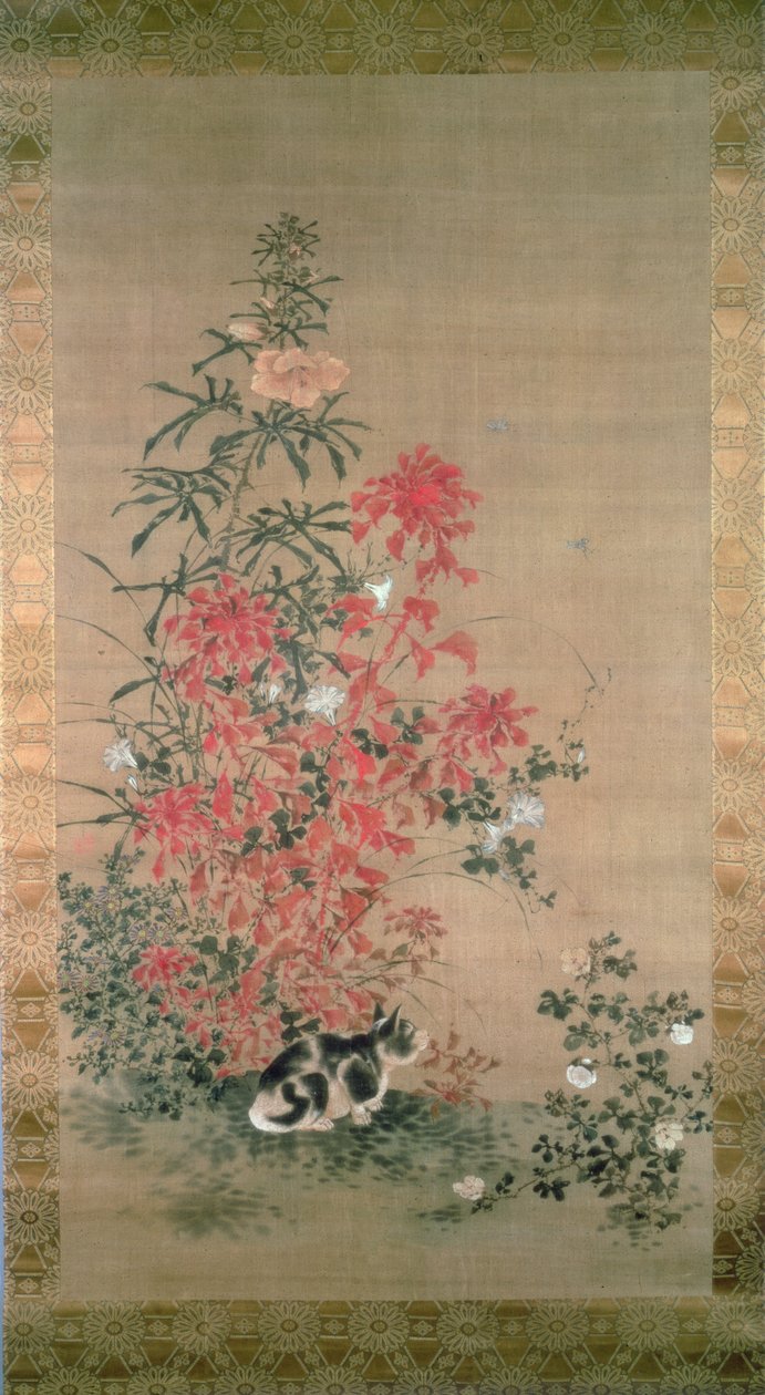 Çiçekler arasında kedi (ipek üzerine mürekkep ve renkler) by Japanese School