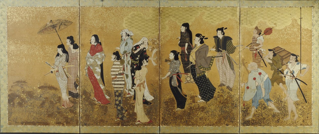 Kiraz Çiçeği Seyir Pikniği, c.1624-44 (dört katlı ekran, mürekkep, renkli ve kağıt üzerine altın varak) by Japanese School