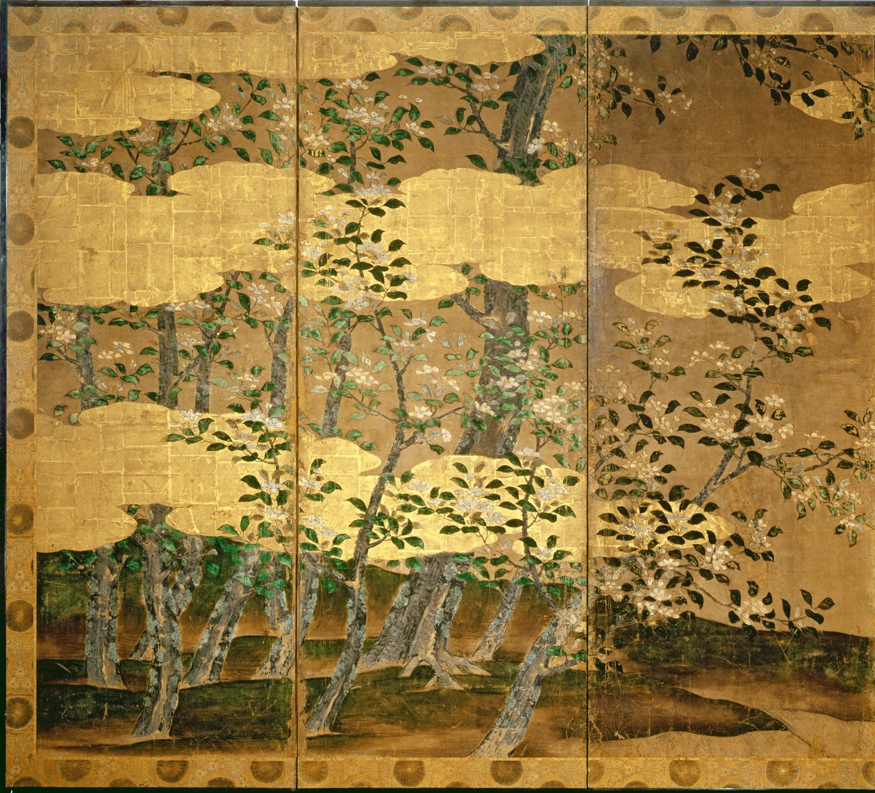 Kamelya çiçekleri (panelde kalem ve mürekkep, renk, altın kağıt) (bkz. 216566) by Japanese School
