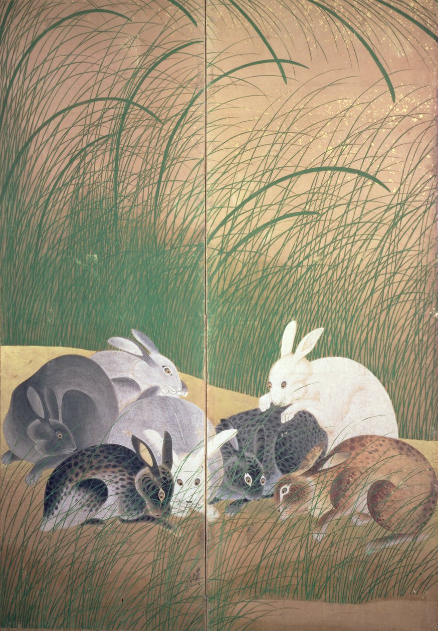 Tavşanlar ve sonbahar otları, c.1700 by Japanese School