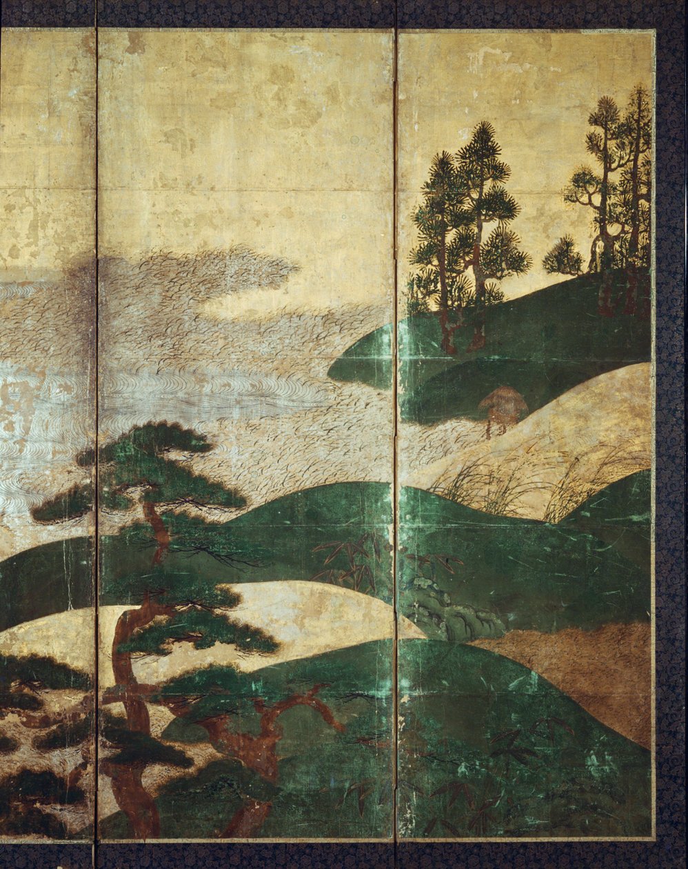 Moonlight Landscape (pen and ink, colour, gold paper on panel) (see 216573, 216574) by Japanese School