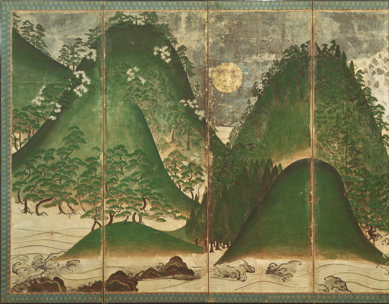 Güneşli Bahar Manzarası, altı panelli katlanır ekranın bir parçası (kağıt üzerinde renkli) (bkz. 216550) by Japanese School