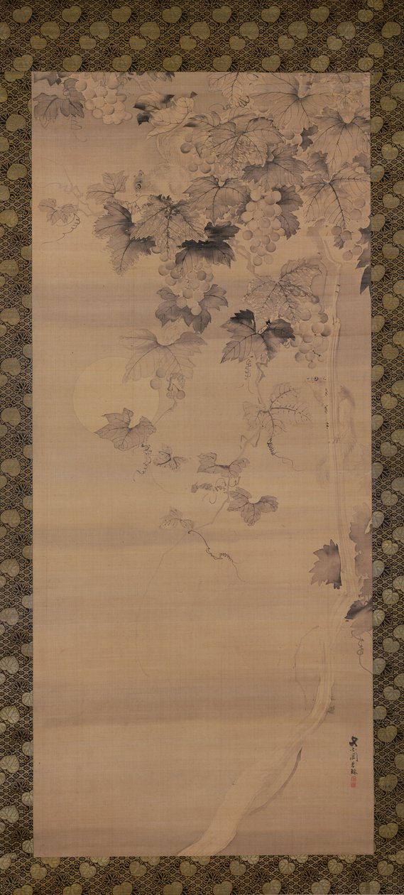 Ay ışığında asma üzerinde sincap (ipek üzerine mürekkep) by Japanese School